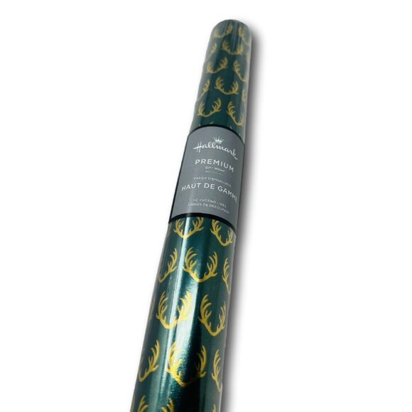 Hallmark Wrapping Paper Christmas Gold Deer Antlers on Green 25 sq ft Roll Gift - Picture 2 of 2